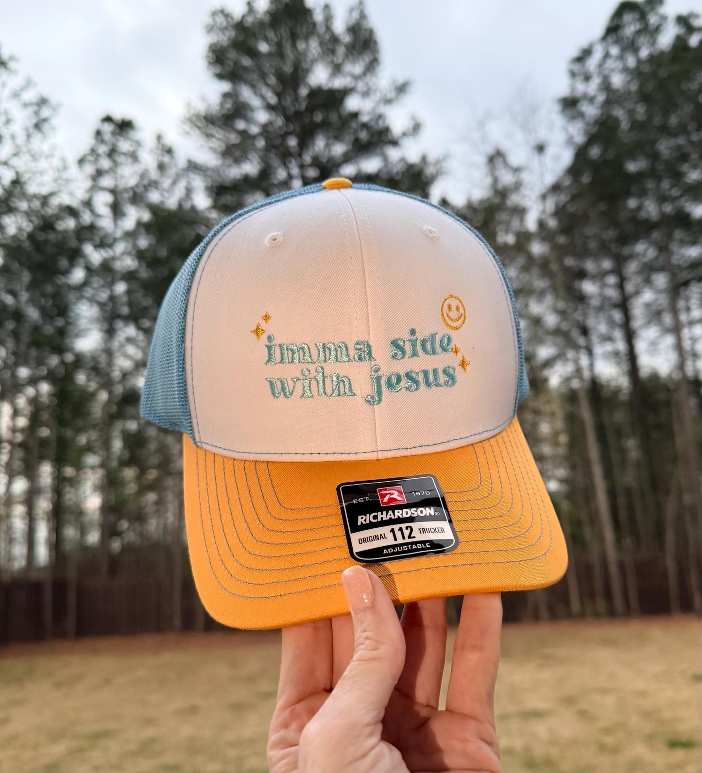 "Imma side with Jesus" Embroidered hat. Richardson style blue and yellow